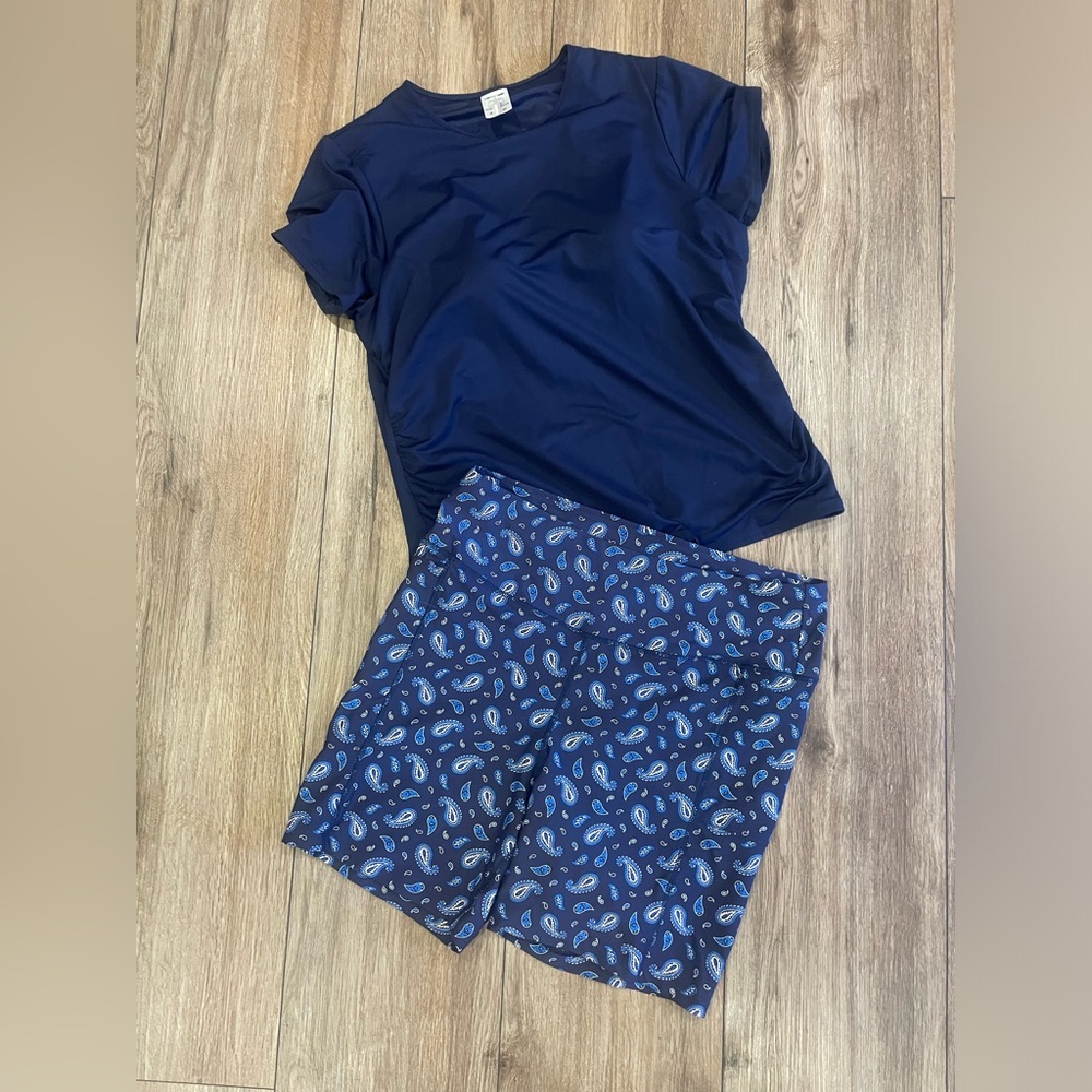 Lands End swim set deep sea navy rash guard w/ bra paisley swim shorts NEW 16